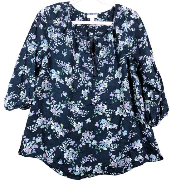 J Jill Womens Blouse Blue Multi Floral Pull Over V Neck Long Sleeve Sheer Small - Picture 1 of 12